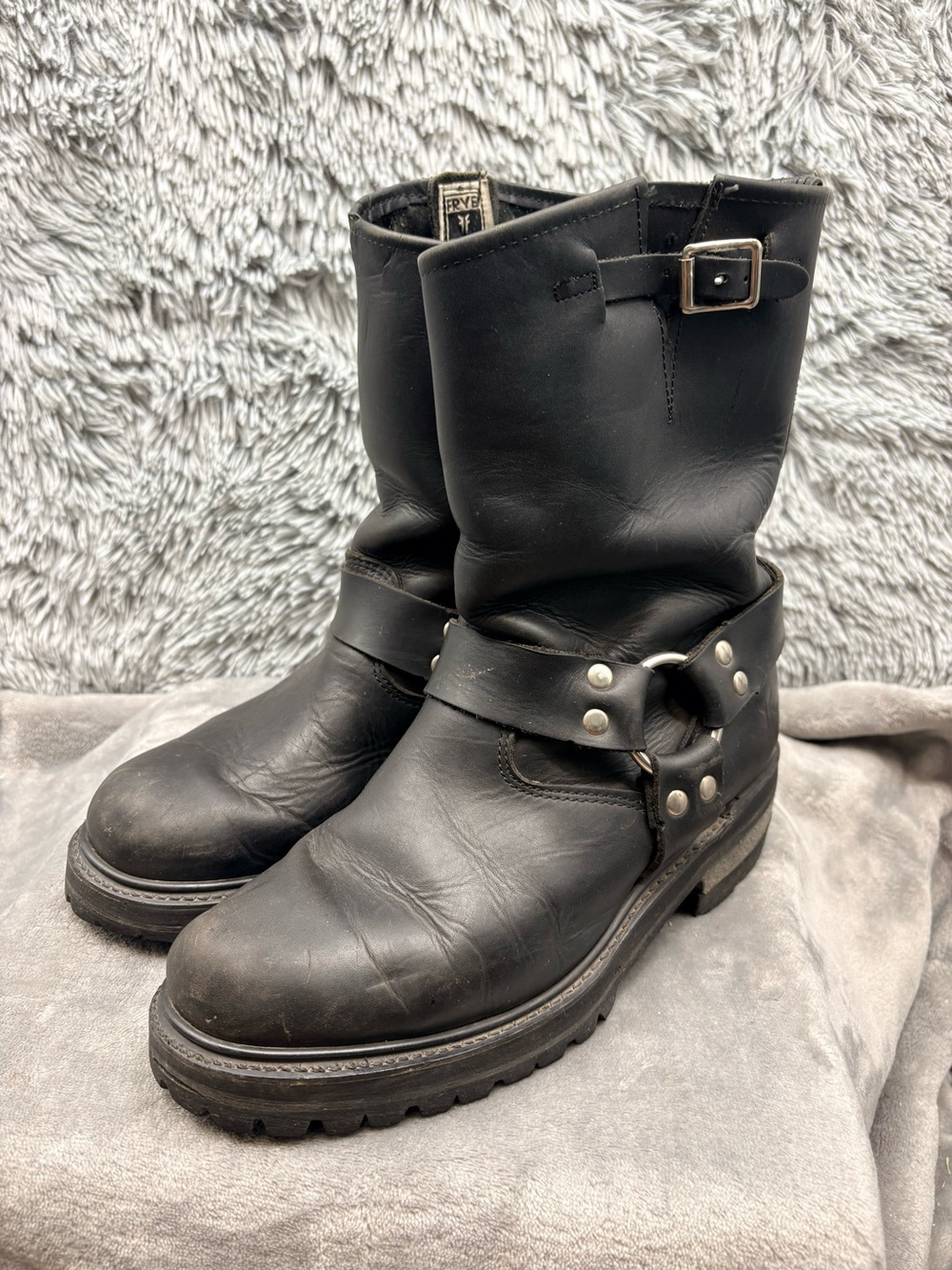 Frye Lug Harness Boots Men 9 Black Leather Vibram Mid Calf Adjustable Top Collar